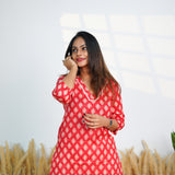 Red V neck cotton kurti
