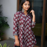 Maroon hand block printed cotton short kurti