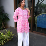 Pink floral peplum cotton short kurti