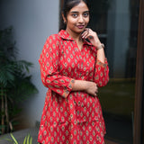 Crimson hand block printed cotton short kurti