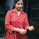 Crimson hand block printed cotton short kurti