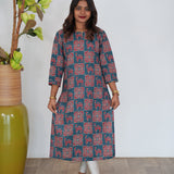 Peacock blue ajrakh camel printed cotton kurti