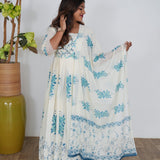 Blue and white floral long gown with dupatta