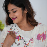 Pink and white floral long gown with dupatta