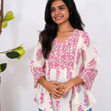 Pink floral flared cotton short kurti
