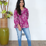 Magenta V neck cotton peplum top