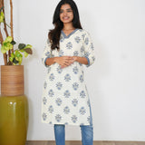 Blue floral V neck cotton kurti
