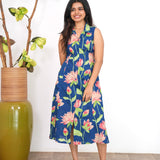 Royal blue lillies cotton shirt dress(attached sleeves)