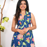 Royal blue lillies cotton shirt dress(attached sleeves)