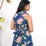 Royal blue lillies cotton shirt dress(attached sleeves)