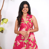 Red lillies cotton shirt dress(attached sleeves)