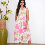 Beige roses cotton shirt dress(attached sleeves)