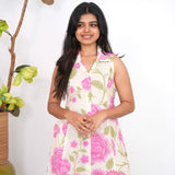 Beige roses cotton shirt dress(attached sleeves)
