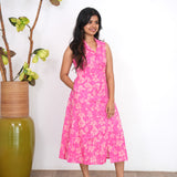 Pink tulips cotton shirt dress(attached sleeves)