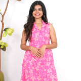 Pink tulips cotton shirt dress(attached sleeves)