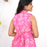 Pink tulips cotton shirt dress(attached sleeves)