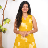 Mustard elephant cotton shirt dress(attached sleeves)