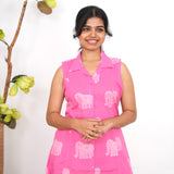 Pink elephant cotton shirt dress(attached sleeves)