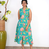 Turquoise lillies cotton shirt dress(attached sleeves)