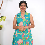 Turquoise lillies cotton shirt dress(attached sleeves)