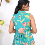 Turquoise lillies cotton shirt dress(attached sleeves)