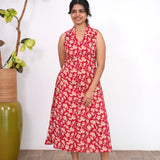 Crimson hibiscus cotton shirt dress(attached sleeves)