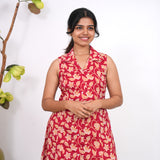 Crimson hibiscus cotton shirt dress(attached sleeves)