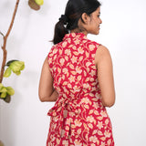Crimson hibiscus cotton shirt dress(attached sleeves)
