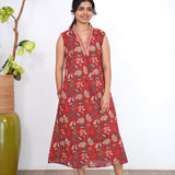 Ira cotton v neck gathered dress-Crimson(attached sleeves)