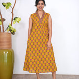 Ira cotton v neck gathered dress -Mustard(attached sleeves)