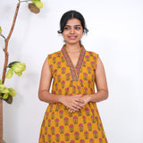 Ira cotton v neck gathered dress -Mustard(attached sleeves)