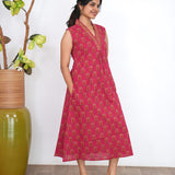 Ira cotton v neck gathered dress -Deep red(attached sleeves)