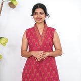 Ira cotton v neck gathered dress -Deep red(attached sleeves)