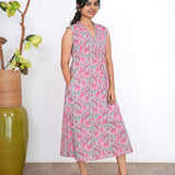Ira cotton v neck gathered dress-Sea blue(attached sleeves)