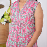 Ira cotton v neck gathered dress-Sea blue(attached sleeves)
