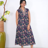 Ira cotton v neck gathered dress- Midnight blue(attached sleeves)