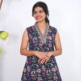Ira cotton v neck gathered dress- Midnight blue(attached sleeves)