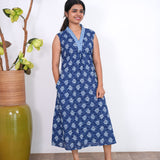 Ira cotton v neck gathered dress-Blue(attached sleeves)