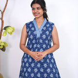 Ira cotton v neck gathered dress-Blue(attached sleeves)
