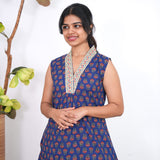 Ira cotton v neck gathered dress -Royal blue(attached sleeves)