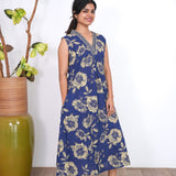 Ira cotton v neck gathered dress -Indigo(attached sleeves)