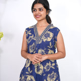 Ira cotton v neck gathered dress -Indigo(attached sleeves)