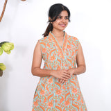 Ira cotton v neck gathered dress -Sea green(attached sleeves)