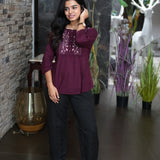 Burgundy hand embroidered viscose top