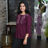 Burgundy hand embroidered viscose top