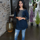 Navy blue hand embroidered viscose top