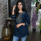 Navy blue hand embroidered viscose top