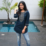 Navy blue hand embroidered viscose top