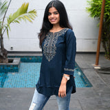 Navy blue hand embroidered viscose top