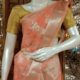 Coral tissue saree with brocade blouse